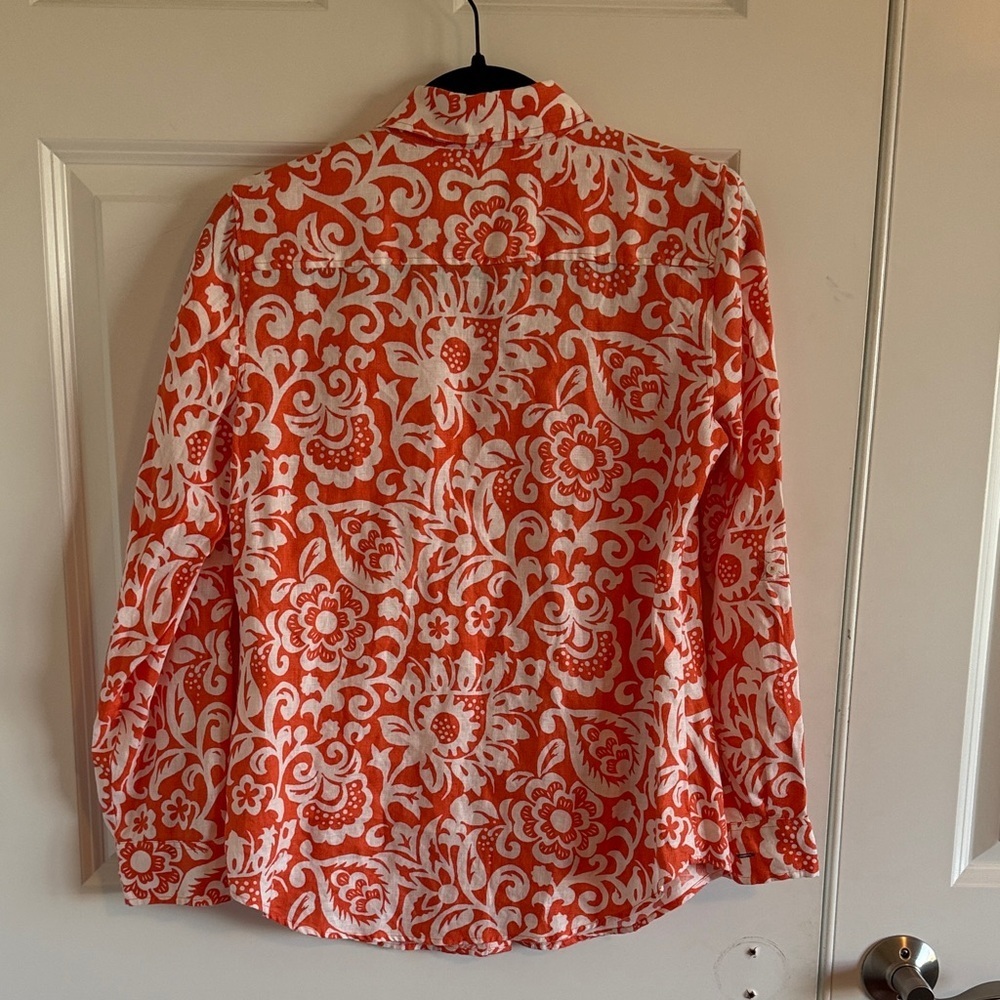100% Linen Talbots Orange and White Floral Button-Up Shirt Size Small - Picture 5 of 7